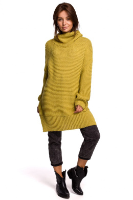 Sweter damski gruby oversize z golfem i ściągaczem limonkowy BK047