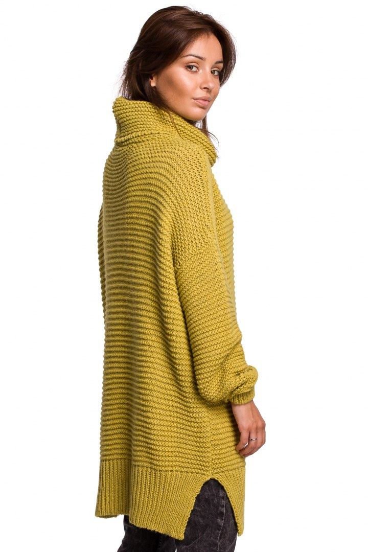 Sweter damski gruby oversize z golfem i ściągaczem limonkowy BK047