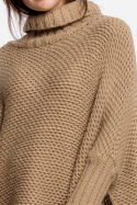 Sweter damski ponczo peleryna oversize z golfem kamelowy BK049