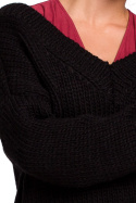 Sweter damski gruby ze ściągaczem i dekoltem V czarny BK046