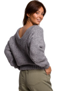 Sweter damski gruby ze ściągaczem i dekoltem V szary BK046