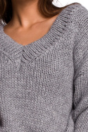 Sweter damski gruby ze ściągaczem i dekoltem V szary BK046