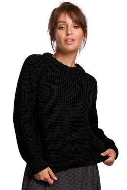 Sweter damski gruby ze ściągaczem i dekoltem pod szyję czarny BK045