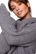 Sweter damski gruby ze ściągaczem i dekoltem pod szyję szary BK045