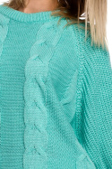 Sweter damski ze splotem warkoczowym okrągły dekolt seledynowy me554