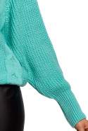 Sweter damski ze splotem warkoczowym okrągły dekolt seledynowy me554