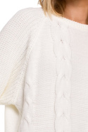 Sweter damski ze splotem warkoczowym okrągły dekolt ecru me554