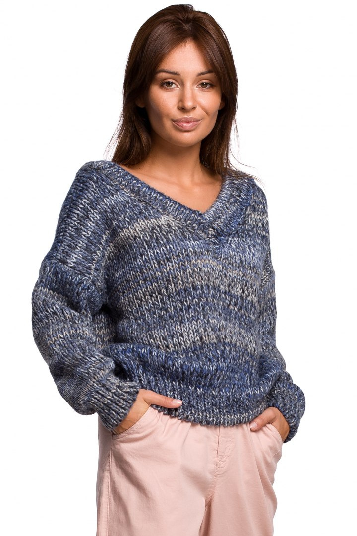Sweter damski oversize gruby z dekoltem V kolorowy niebieski BK048 Sweter damski oversize gruby z dekoltem V kolorowy niebieski BK048