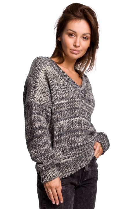 Sweter damski oversize gruby z dekoltem V kolorowy szary BK048 Sweter damski oversize gruby z dekoltem V kolorowy szary BK048