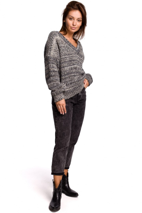 Sweter damski oversize gruby z dekoltem V kolorowy szary BK048 Sweter damski oversize gruby z dekoltem V kolorowy szary BK048