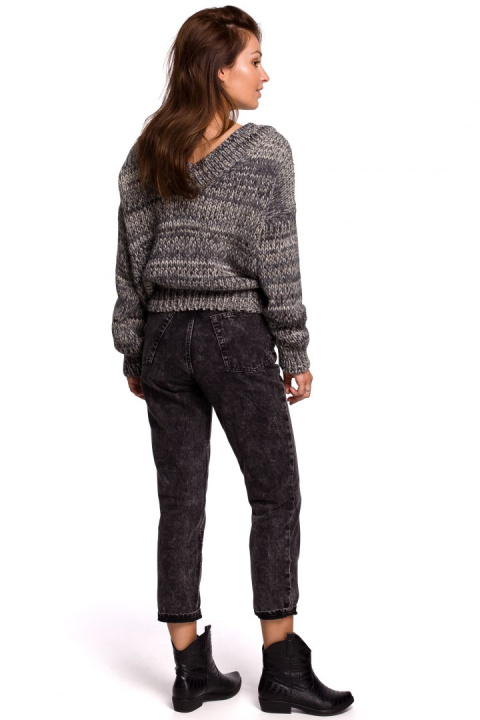 Sweter damski oversize gruby z dekoltem V kolorowy szary BK048 Sweter damski oversize gruby z dekoltem V kolorowy szary BK048