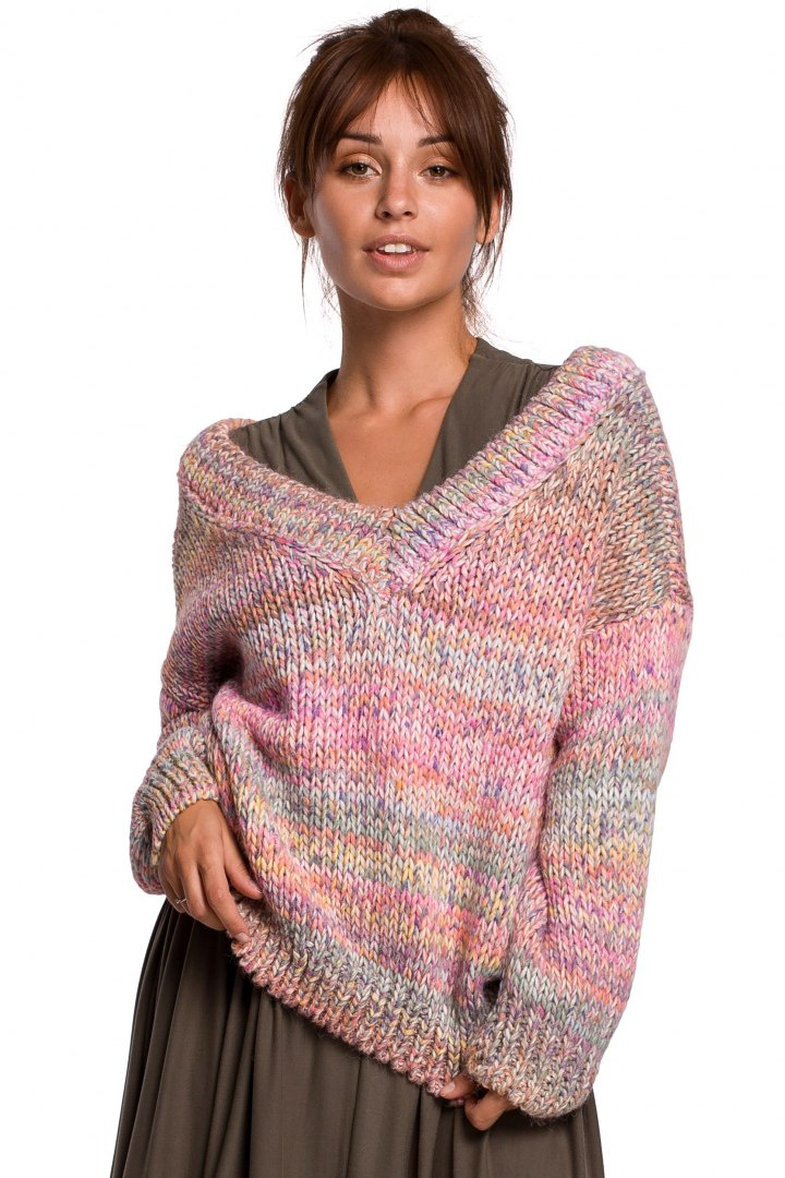 Sweter damski oversize gruby z dekoltem V kolorowy różowy BK048 Sweter damski oversize gruby z dekoltem V kolorowy różowy BK048