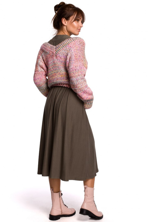 Sweter damski oversize gruby z dekoltem V kolorowy różowy BK048 Sweter damski oversize gruby z dekoltem V kolorowy różowy BK048