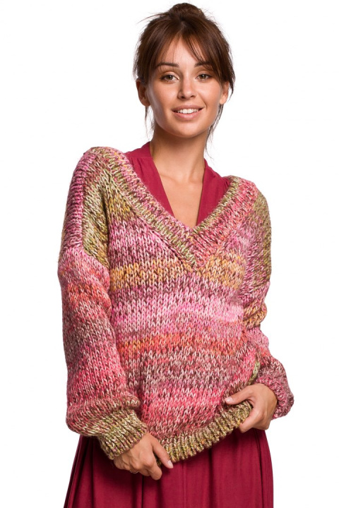 Sweter damski oversize gruby z dekoltem V kolorowy malinowy BK048 Sweter damski oversize gruby z dekoltem V kolorowy malinowy BK048