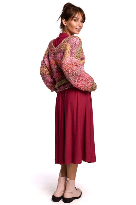 Sweter damski oversize gruby z dekoltem V kolorowy malinowy BK048 Sweter damski oversize gruby z dekoltem V kolorowy malinowy BK048