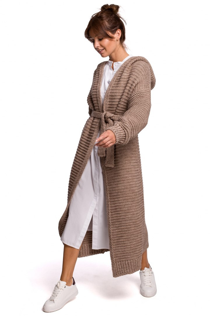 Długi kardigan damski z kapturem bez zapięcia wiązany cappuccino BK054 Długi kardigan damski z kapturem bez zapięcia wiązany cappuccino BK054