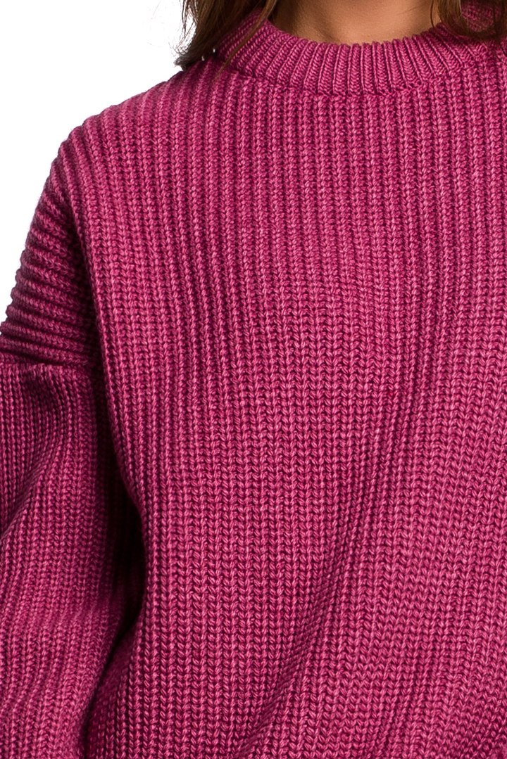 Sweter damski gruby z kimonowymi rękawami i ściągaczem wrzosowy BK052 Sweter damski gruby z kimonowymi rękawami i ściągaczem wrzosowy BK052
