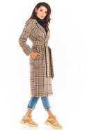 Prosty płaszcz damski w kratę wiązany z kieszeniami brązowy A368
