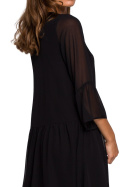 Zwiewna sukienka rozkloszowana szyfonowa midi dekolt V czarna S236