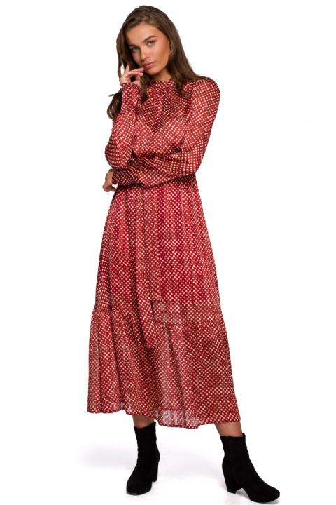 Sukienka szyfonowa midi w groszki z falbaną długi rękaw m2 S238