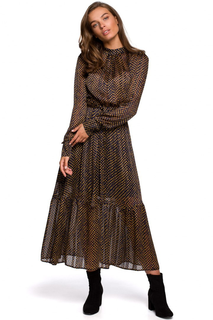 Sukienka szyfonowa midi w groszki z falbaną długi rękaw m3 S238