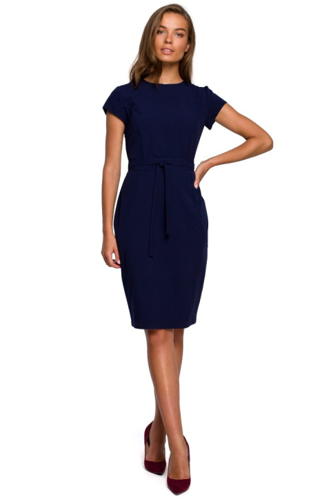 Sukienka ołówkowa bodycon z krótkim rękawem wiązana granatowa S239 Sukienka ołówkowa bodycon z krótkim rękawem wiązana granatowa S239