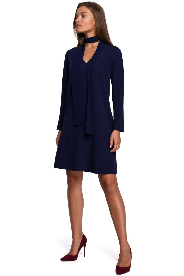 Elegancka sukienka trapezowa z długim rękawem dekolt V granatowa S233 Elegancka sukienka trapezowa z długim rękawem dekolt V granatowa S233
