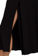 Sukienka rozkloszowana z wiskozy długi rękaw rozcięcie czarna S234