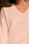Luźny sweter damski bawełniany z dekoltem w serek beżowy S246