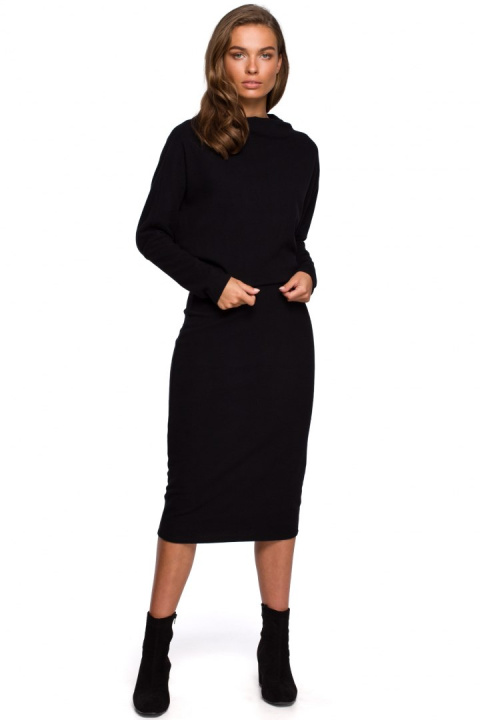 Sukienka midi z wiskozy z drapowanym dekoltem długi rękaw czarna S251