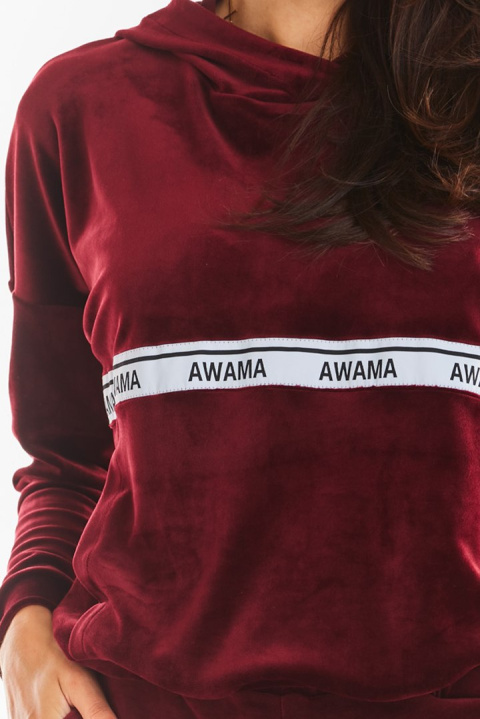 Bluza damska welurowa z kapturem i kieszenią kangur bordowa A371 Bluza damska welurowa z kapturem i kieszenią kangur bordowa A371