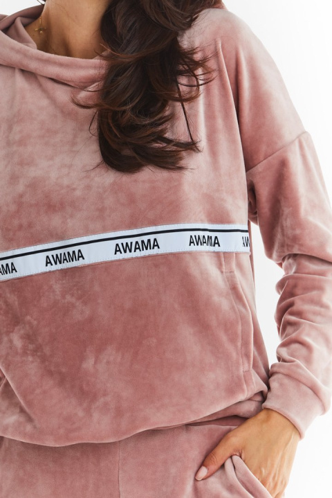 Bluza damska welurowa z kapturem i kieszenią kangur różowa A371 Bluza damska welurowa z kapturem i kieszenią kangur różowa A371