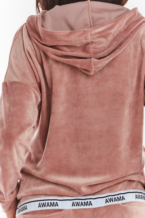 Bluza damska welurowa z kapturem i kieszenią kangur różowa A371 Bluza damska welurowa z kapturem i kieszenią kangur różowa A371