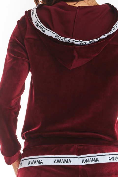 Bluza damska welurowa rozpinana z kapturem i ściągaczem bordowa A373 Bluza damska welurowa rozpinana z kapturem i ściągaczem bordowa A373