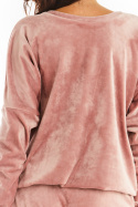 Bluza damska welurowa z długim rękawem i dekoltem V różowa A376
