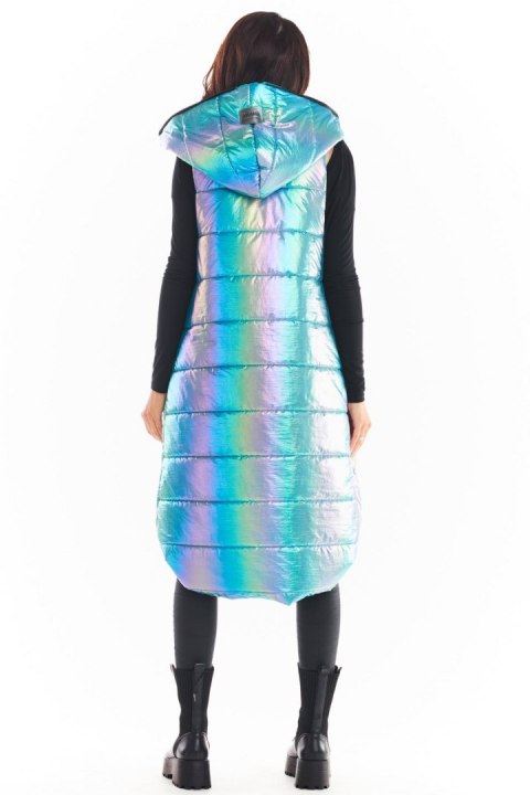 Długa kamizelka damska holograficzna z kapturem zapinana niebieska A386 Długa kamizelka damska holograficzna z kapturem zapinana niebieska A386
