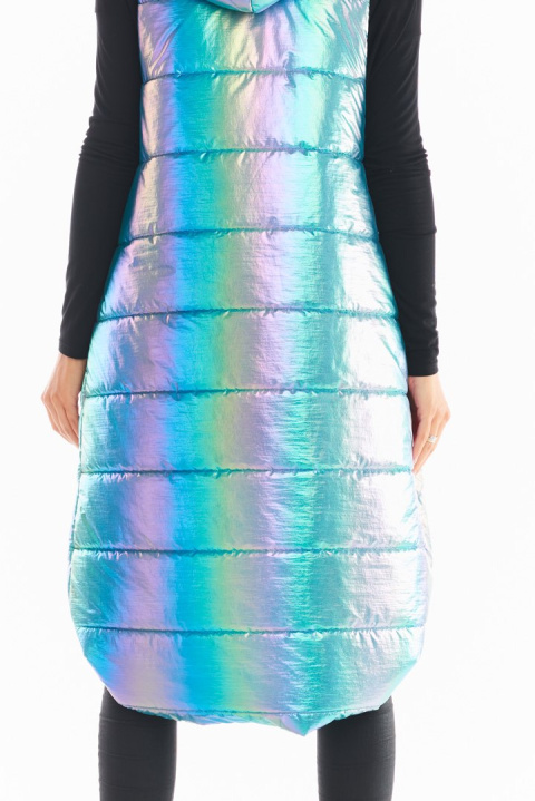 Długa kamizelka damska holograficzna z kapturem zapinana niebieska A386 Długa kamizelka damska holograficzna z kapturem zapinana niebieska A386