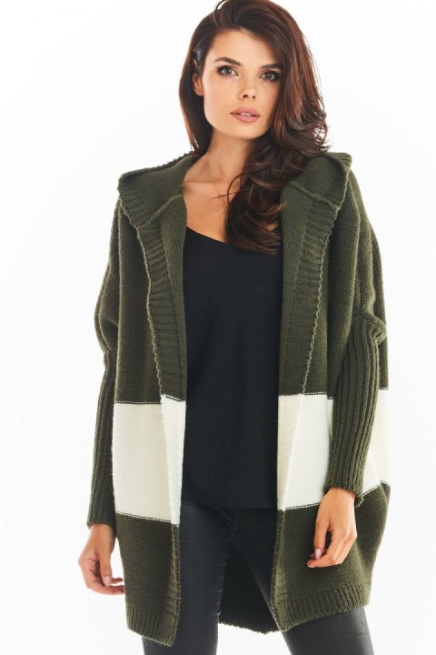 Długi kardigan damski oversize bez zapięcia z kapturem khaki A392 Długi kardigan damski oversize bez zapięcia z kapturem khaki A392