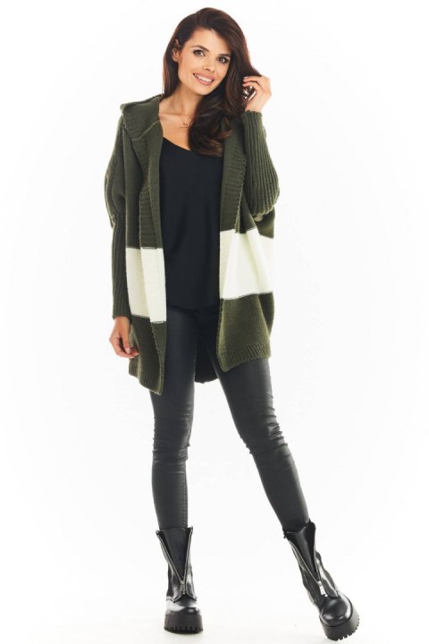 Długi kardigan damski oversize bez zapięcia z kapturem khaki A392 Długi kardigan damski oversize bez zapięcia z kapturem khaki A392