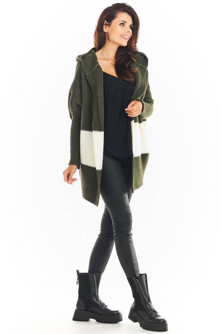 Długi kardigan damski oversize bez zapięcia z kapturem khaki A392 Długi kardigan damski oversize bez zapięcia z kapturem khaki A392