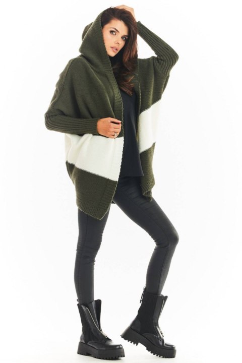 Długi kardigan damski oversize bez zapięcia z kapturem khaki A392 Długi kardigan damski oversize bez zapięcia z kapturem khaki A392