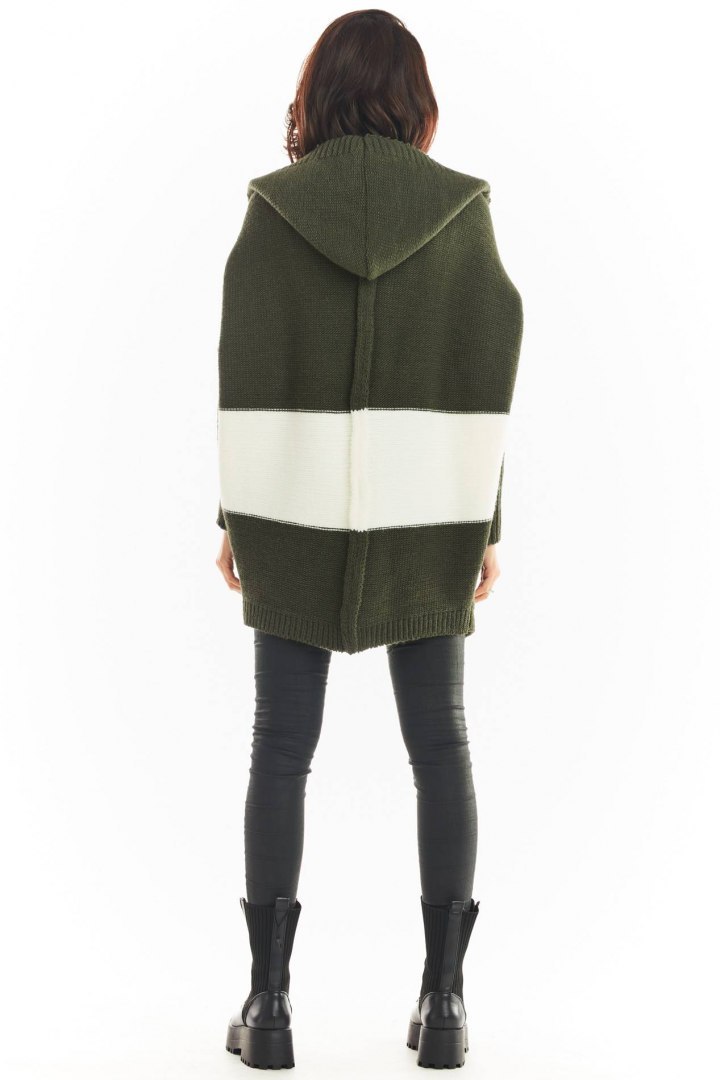 Długi kardigan damski oversize bez zapięcia z kapturem khaki A392 Długi kardigan damski oversize bez zapięcia z kapturem khaki A392
