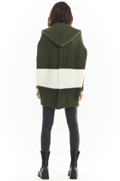 Długi kardigan damski oversize bez zapięcia z kapturem khaki A392 Długi kardigan damski oversize bez zapięcia z kapturem khaki A392