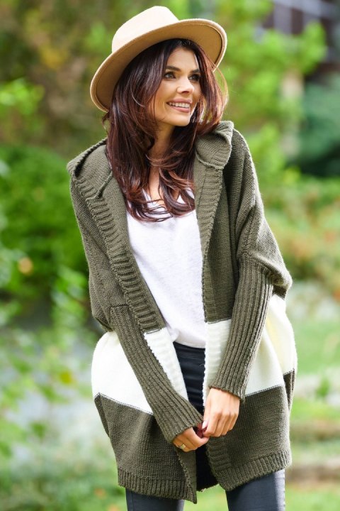Długi kardigan damski oversize bez zapięcia z kapturem khaki A392 Długi kardigan damski oversize bez zapięcia z kapturem khaki A392