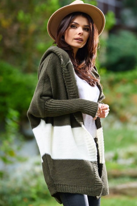 Długi kardigan damski oversize bez zapięcia z kapturem khaki A392 Długi kardigan damski oversize bez zapięcia z kapturem khaki A392