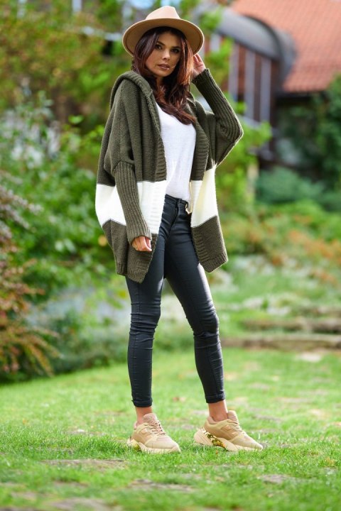 Długi kardigan damski oversize bez zapięcia z kapturem khaki A392 Długi kardigan damski oversize bez zapięcia z kapturem khaki A392