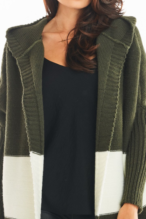 Długi kardigan damski oversize bez zapięcia z kapturem khaki A392 Długi kardigan damski oversize bez zapięcia z kapturem khaki A392