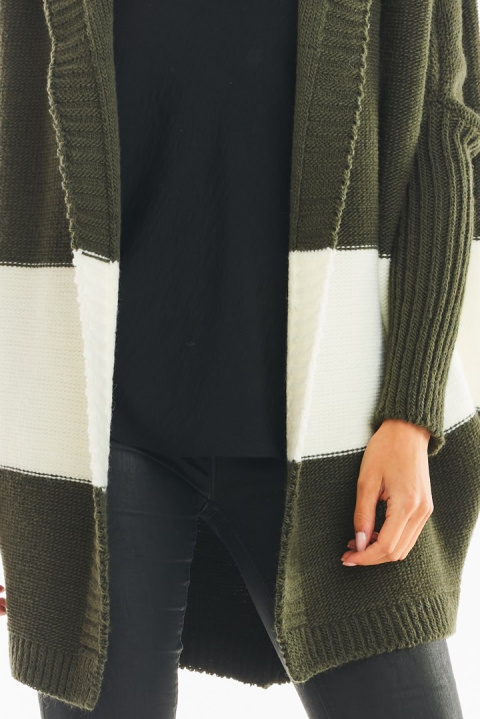 Długi kardigan damski oversize bez zapięcia z kapturem khaki A392 Długi kardigan damski oversize bez zapięcia z kapturem khaki A392