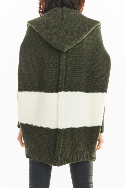 Długi kardigan damski oversize bez zapięcia z kapturem khaki A392 Długi kardigan damski oversize bez zapięcia z kapturem khaki A392