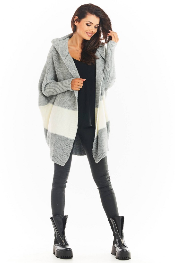 Długi kardigan damski oversize bez zapięcia z kapturem szary A392 Długi kardigan damski oversize bez zapięcia z kapturem szary A392